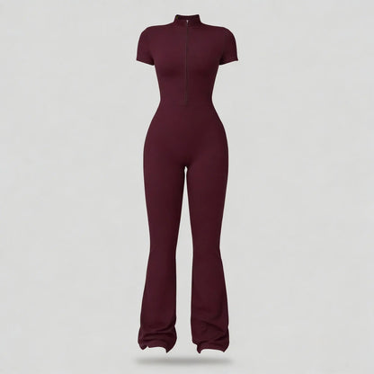 Women Zip Front Short Sleeve Bodysuit, Stretchy Slim Fit Workout Jumpsuit for Yoga Gym Daily Wear