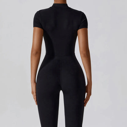 Women Zip Front Short Sleeve Bodysuit, Stretchy Slim Fit Workout Jumpsuit for Yoga Gym Daily Wear