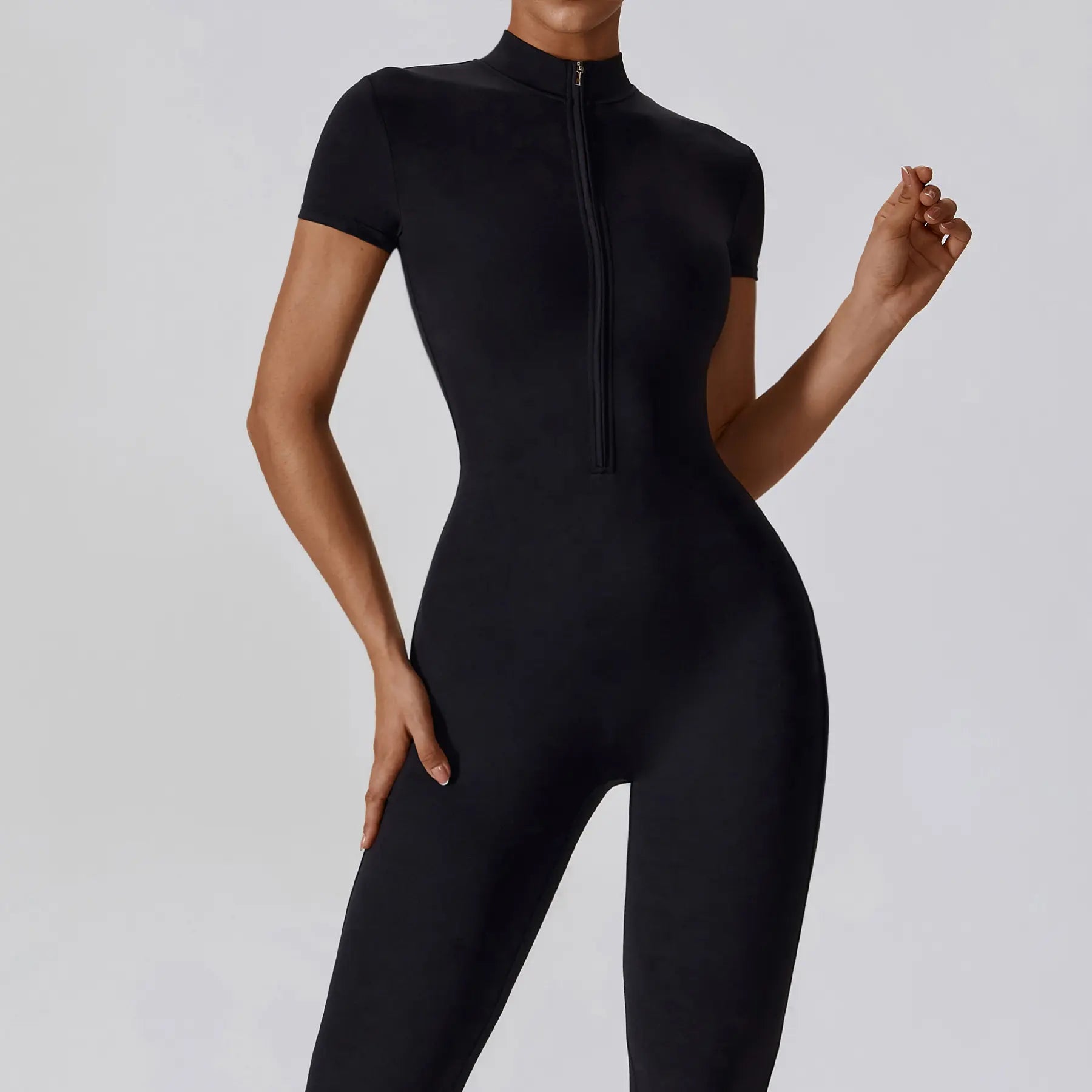 Women Zip Front Short Sleeve Bodysuit, Stretchy Slim Fit Workout Jumpsuit for Yoga Gym Daily Wear