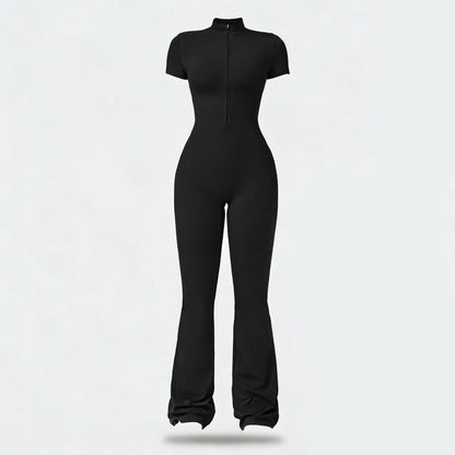 Women Zip Front Short Sleeve Bodysuit, Stretchy Slim Fit Workout Jumpsuit for Yoga Gym Daily Wear