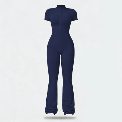 Women Zip Front Short Sleeve Bodysuit, Stretchy Slim Fit Workout Jumpsuit for Yoga Gym Daily Wear