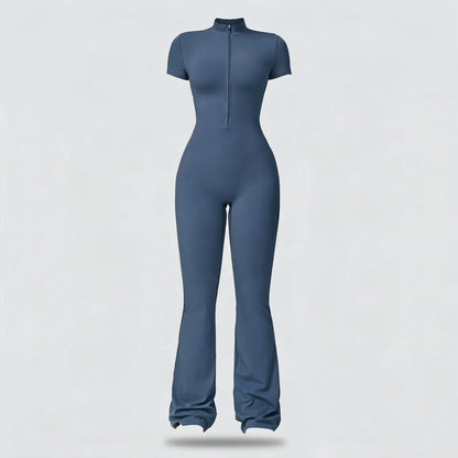 Women Zip Front Short Sleeve Bodysuit, Stretchy Slim Fit Workout Jumpsuit for Yoga Gym Daily Wear