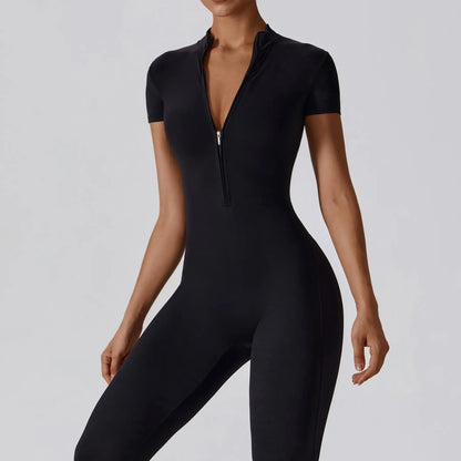 Women Zip Front Short Sleeve Bodysuit, Stretchy Slim Fit Workout Jumpsuit for Yoga Gym Daily Wear