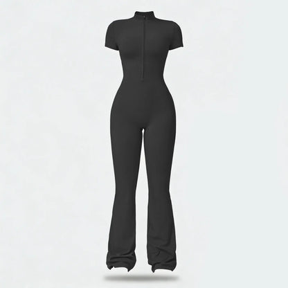 Women Zip Front Short Sleeve Bodysuit, Stretchy Slim Fit Workout Jumpsuit for Yoga Gym Daily Wear