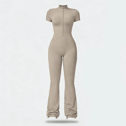 Women Zip Front Short Sleeve Bodysuit, Stretchy Slim Fit Workout Jumpsuit for Yoga Gym Daily Wear